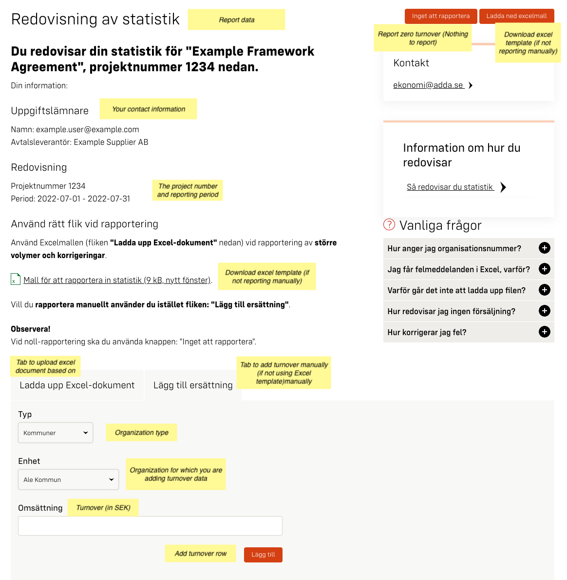 Screenshot of reporting form